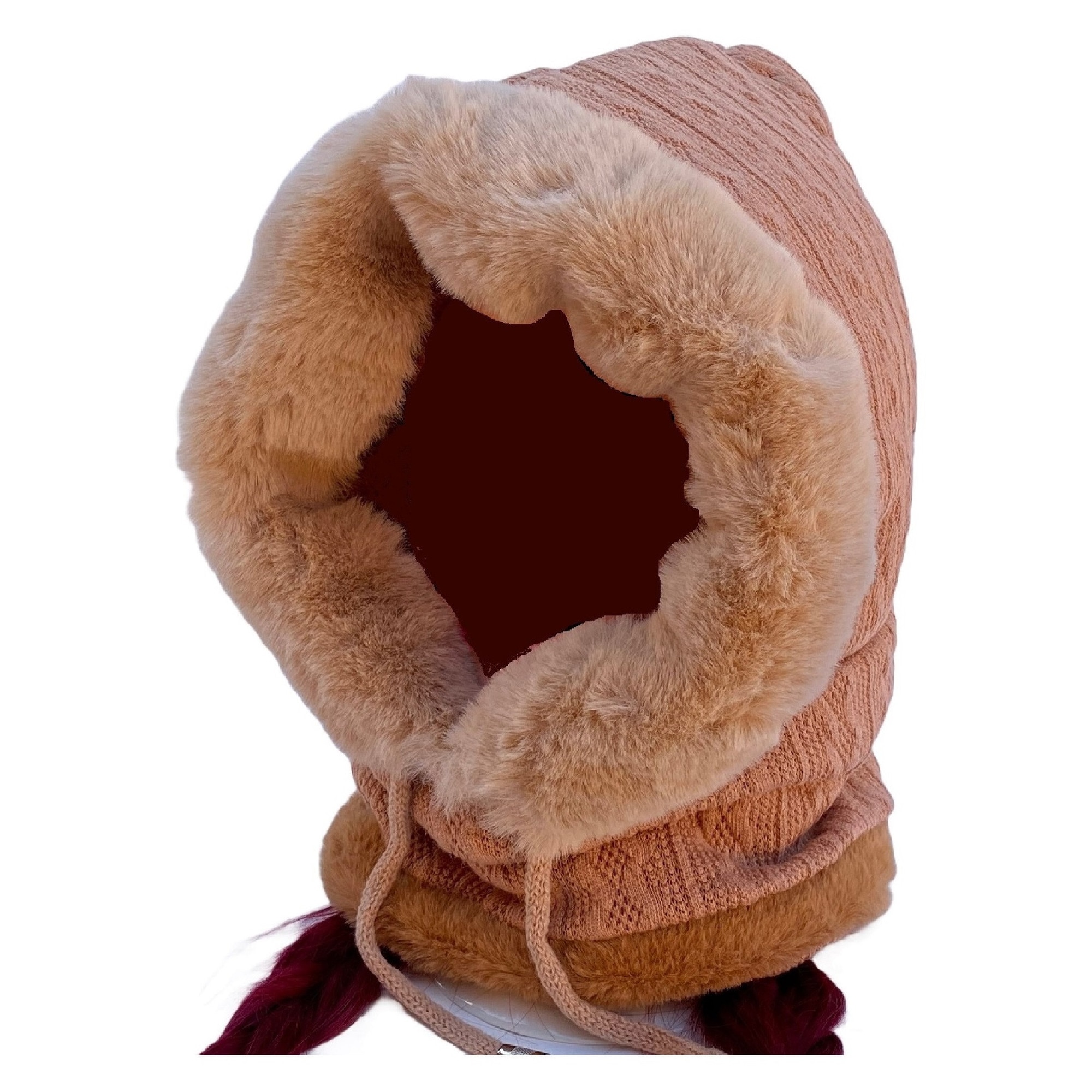 Imagine pentru Caciula dama, in stil gluga reglabila cu snur si prelungire guler tip fular, cu captuseala moale si calduroasa, marime universala, bej