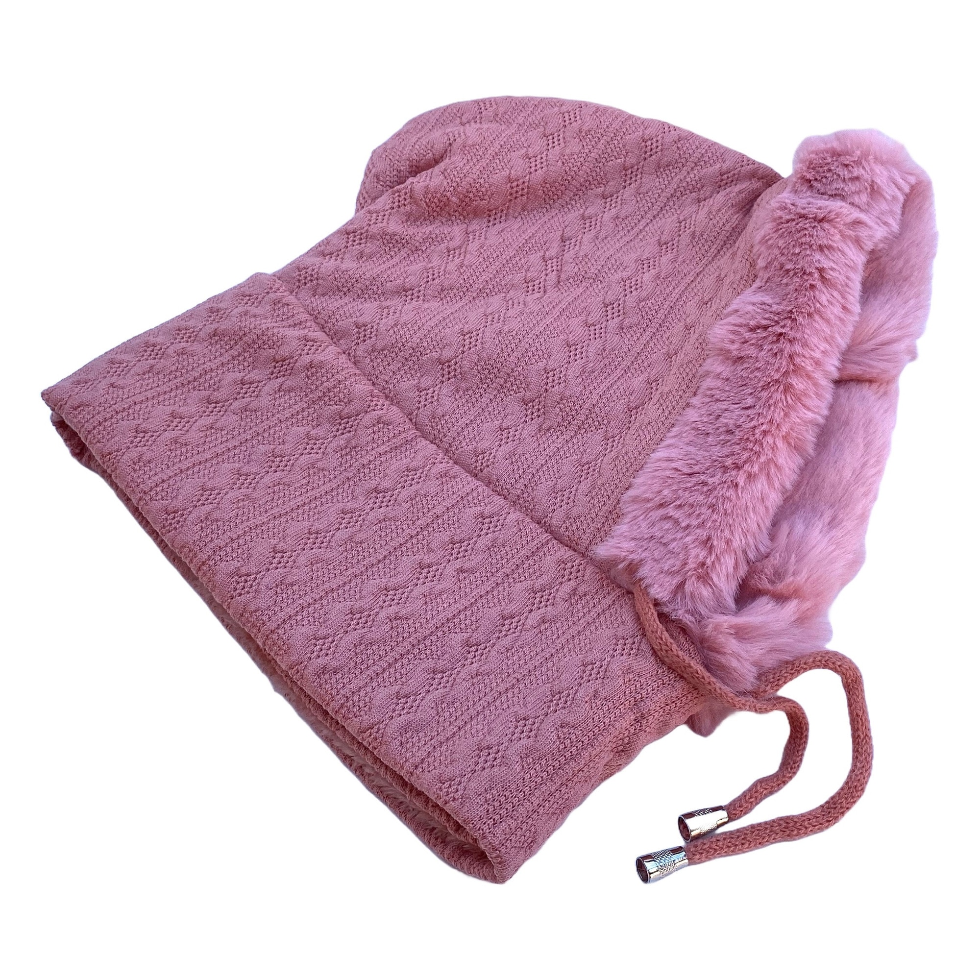 Imagine pentru Caciula dama, in stil gluga reglabila cu snur si prelungire guler tip fular, cu captuseala moale si calduroasa, marime universala, roz