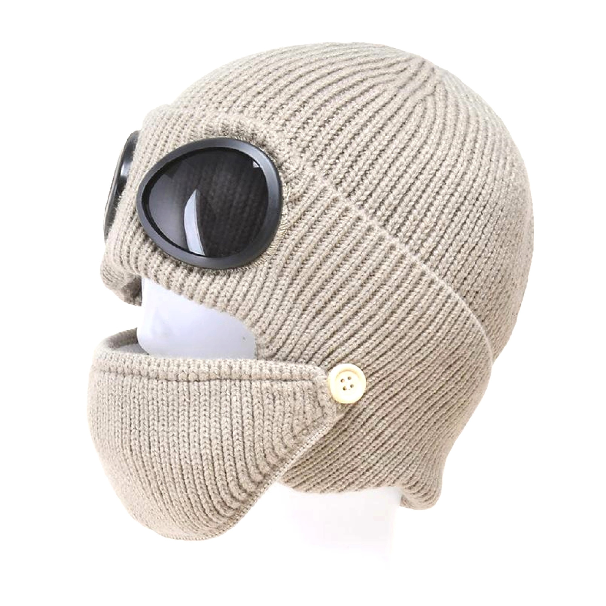 Imagine pentru Fes in stil aviator, unisex, cu captuseala de bumbac si masca de gura, culoare alb-lapte