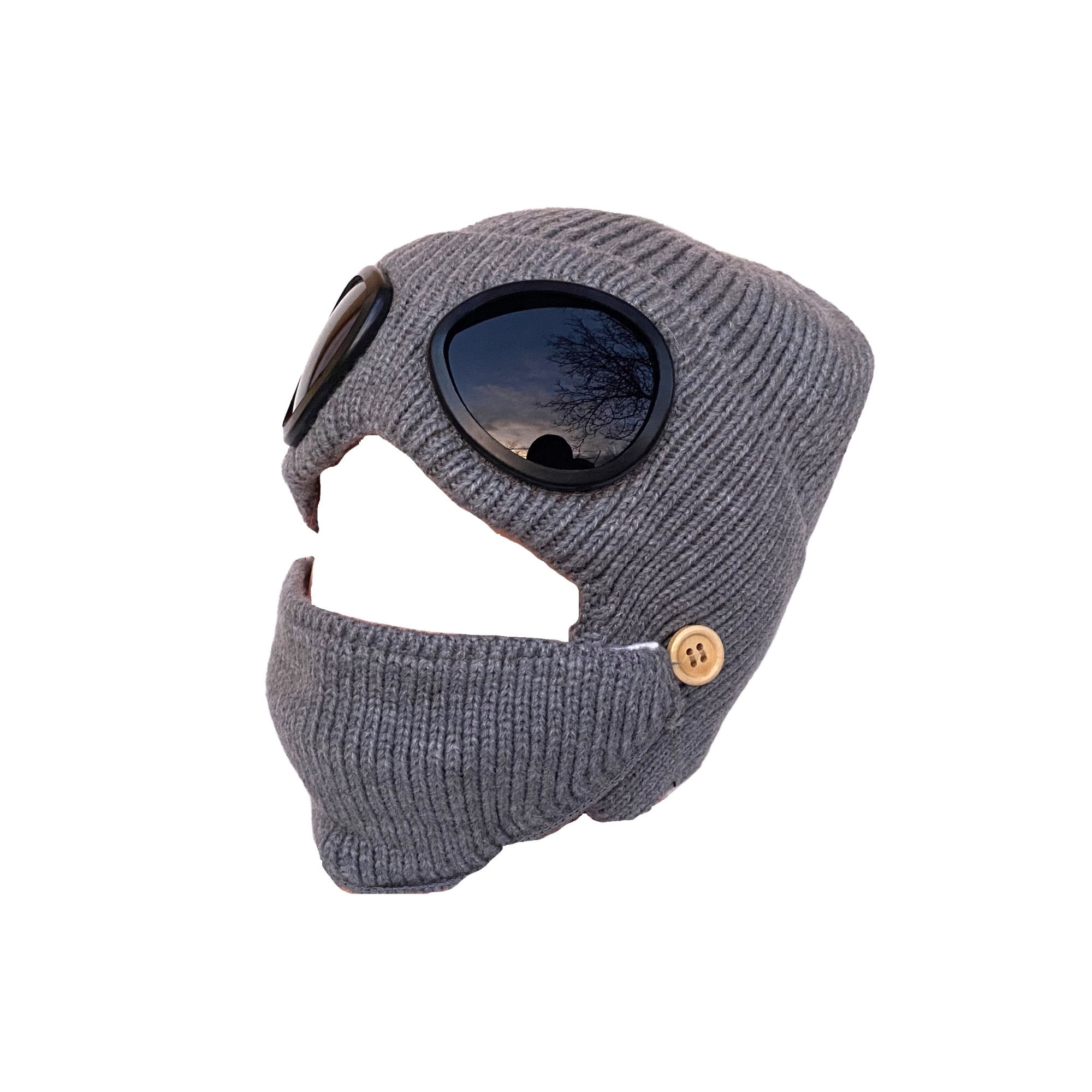Imagine pentru Fes in stil aviator, unisex, cu captuseala de bumbac si masca de gura, culoare gri