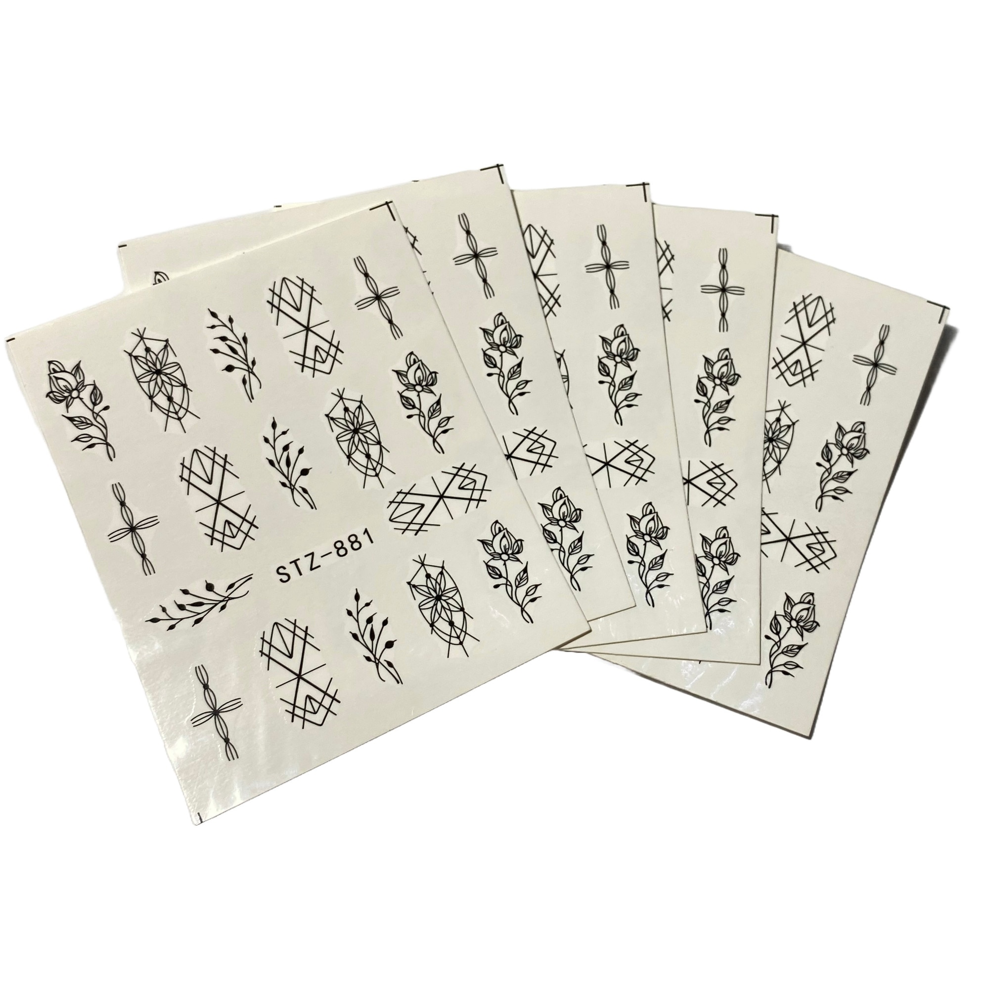 Imagine pentru Set 5 folii stickere pentru decor unghii, STZ-881, model Ink Petals, Negru Print