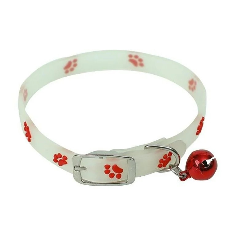 Imagine pentru Zgarda pentru animale de casa, ajustabila, cu clopotel, fosforescenta cu incarcare la soare, din silicon, cu labute, rosie